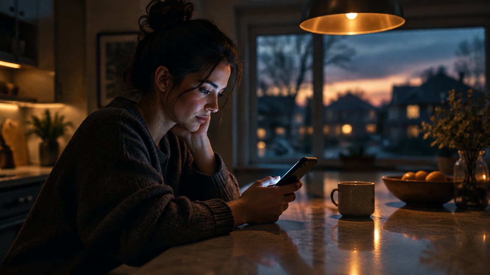 A homeowner at a kitchen island at dusk, lit by a smartphone screen.