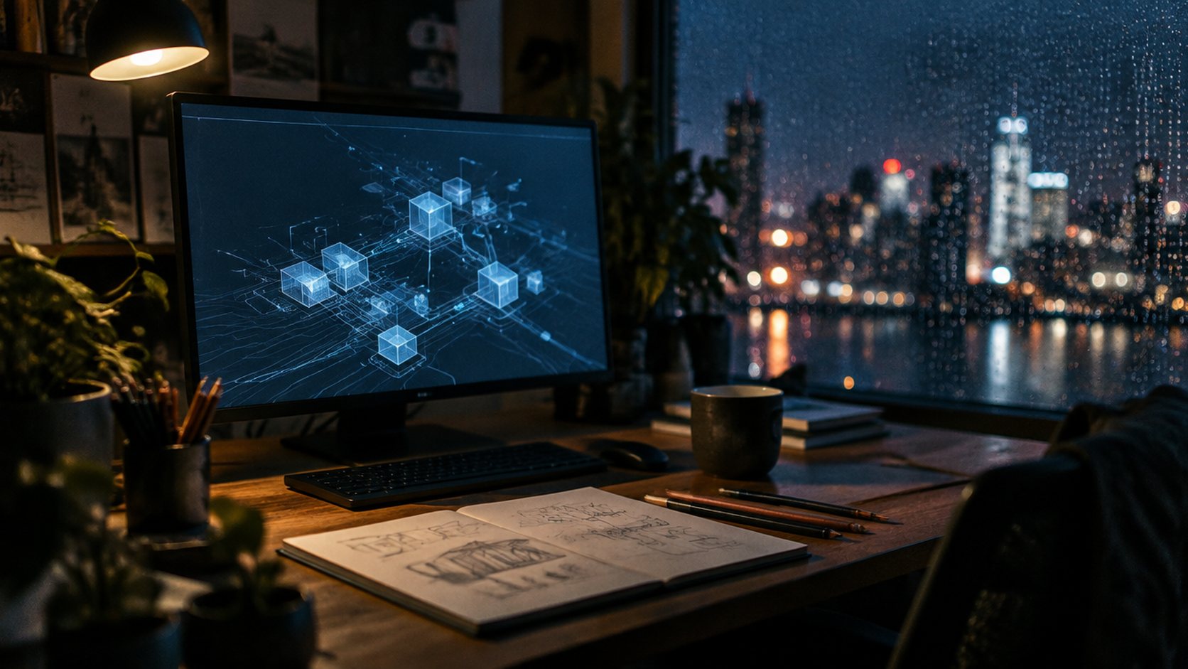 A small design studio at night with a monitor showing an abstract site structure diagram.
