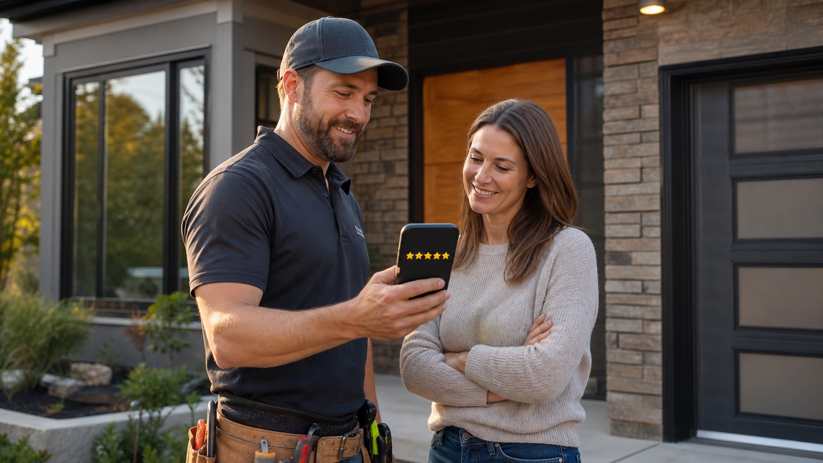A contractor showing a homeowner a five-star review screen after a finished home project.
