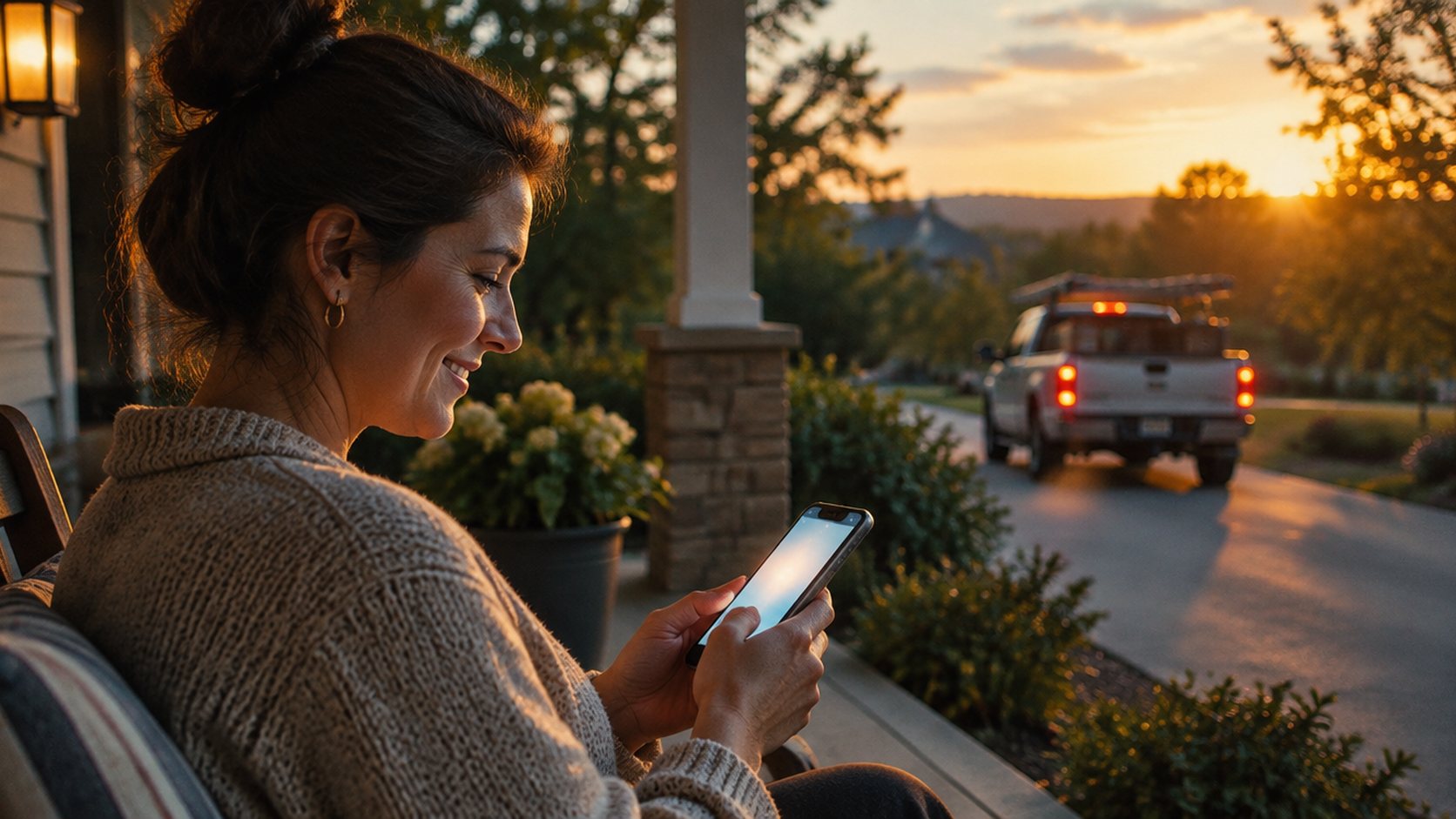 A homeowner on a front porch at golden hour looking at a phone as a contractor truck pulls away.